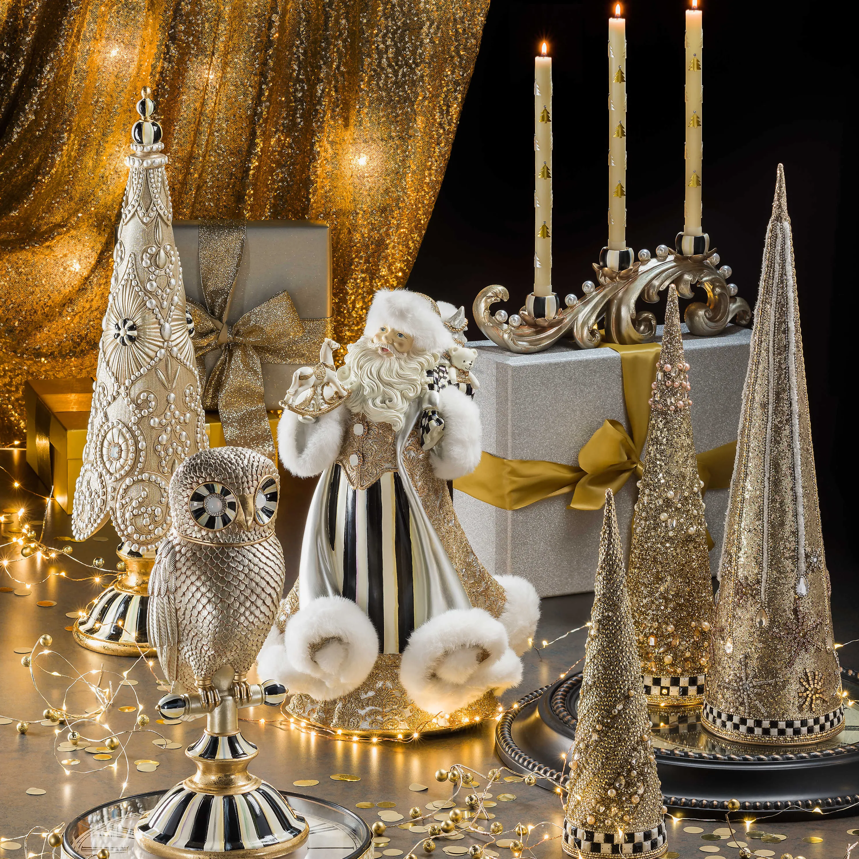 Christmas Tree Dinner Candles - Gold & Pearl - Set Of 2