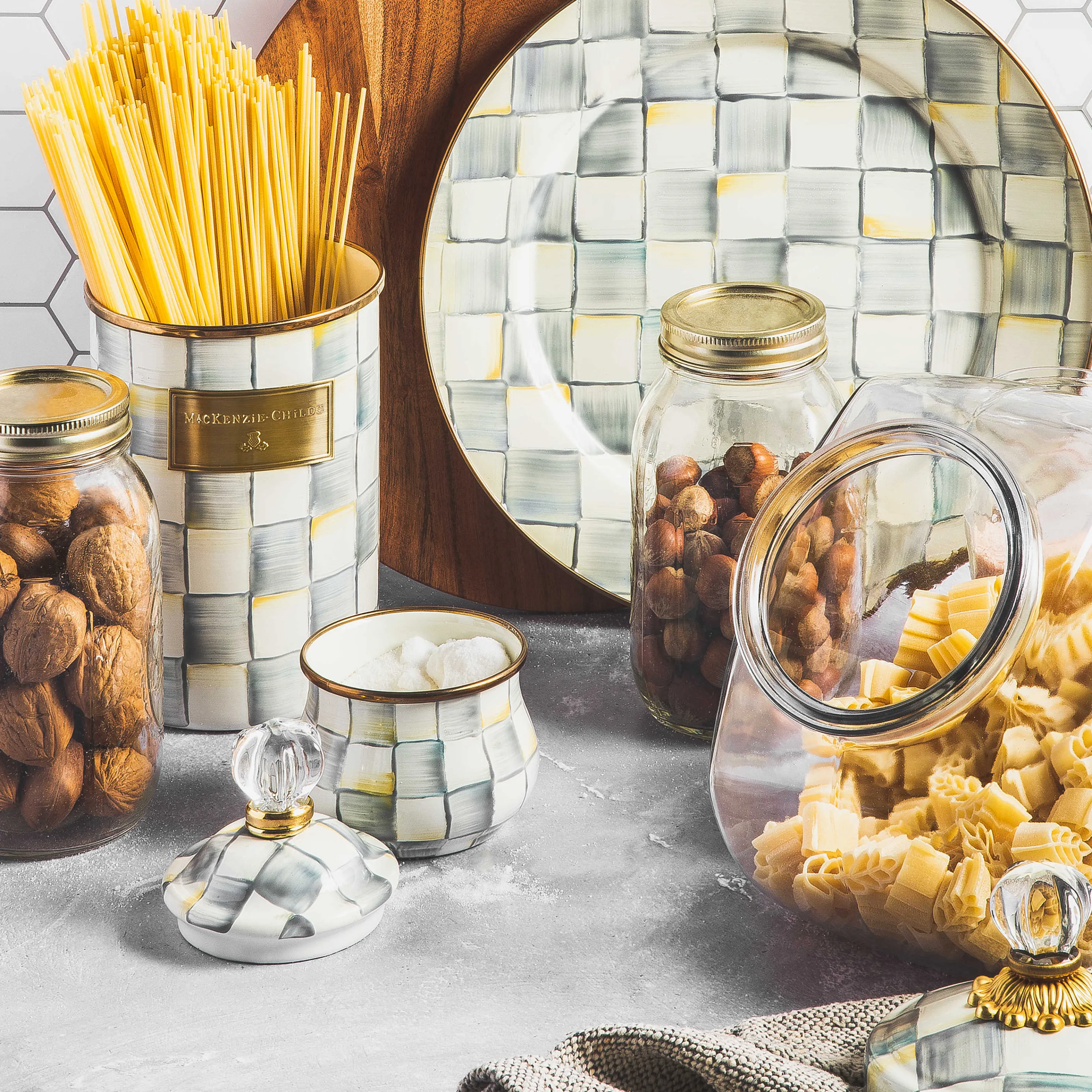 Cookie Jar With Sterling Check Enamel Lid