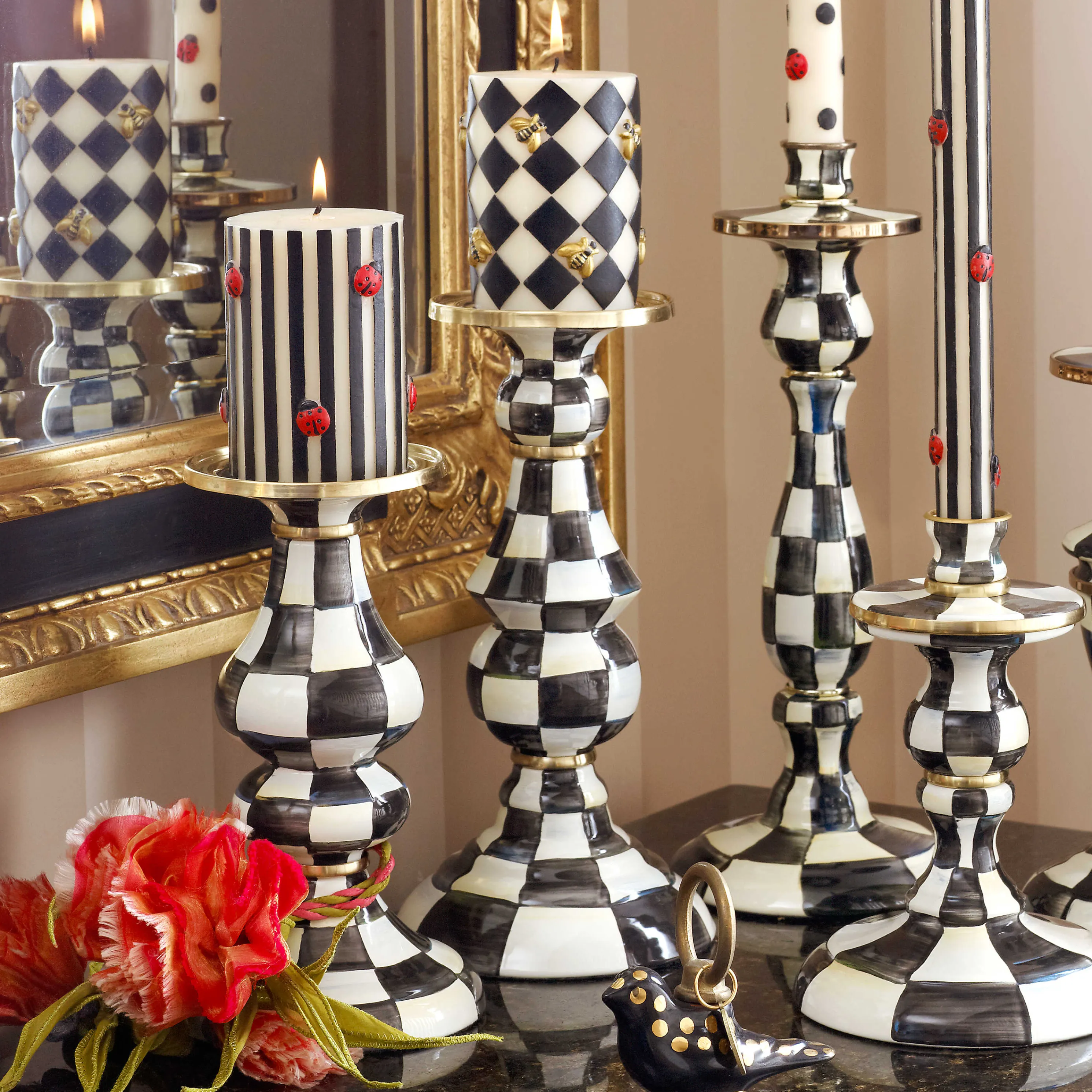 Courtly Check Enamel Pillar Candlestick - Large