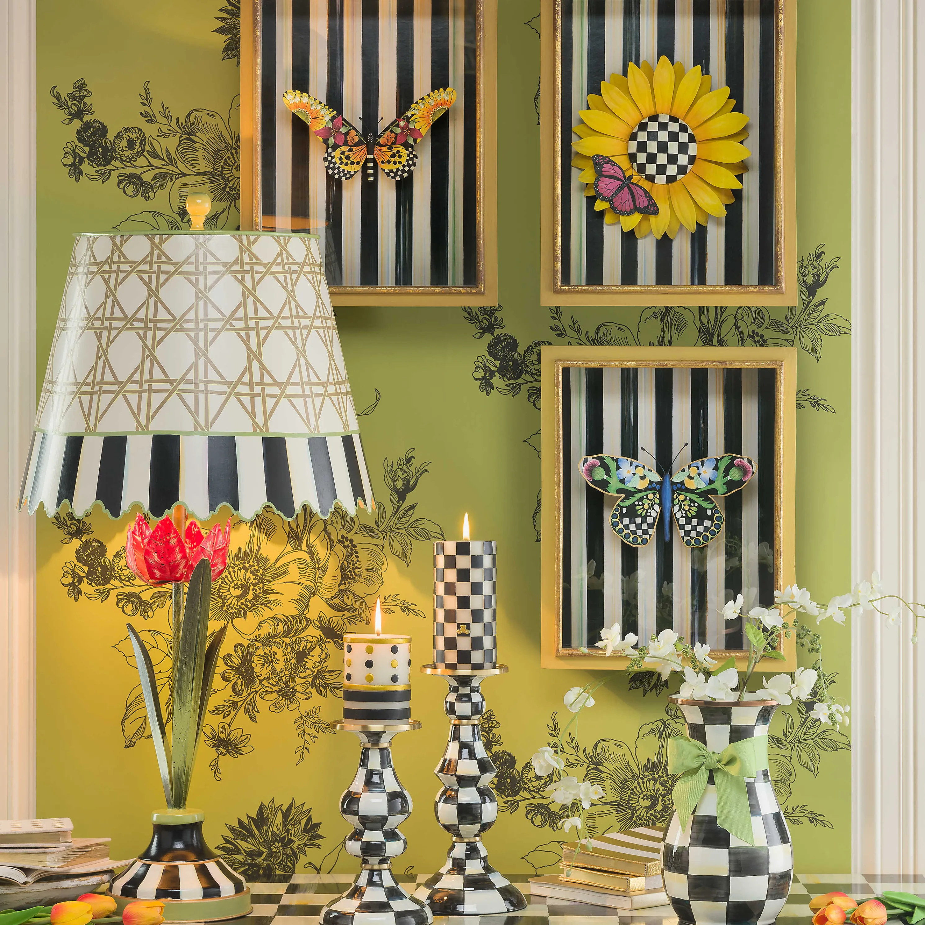 Courtly Check Enamel Pillar Candlestick - Large