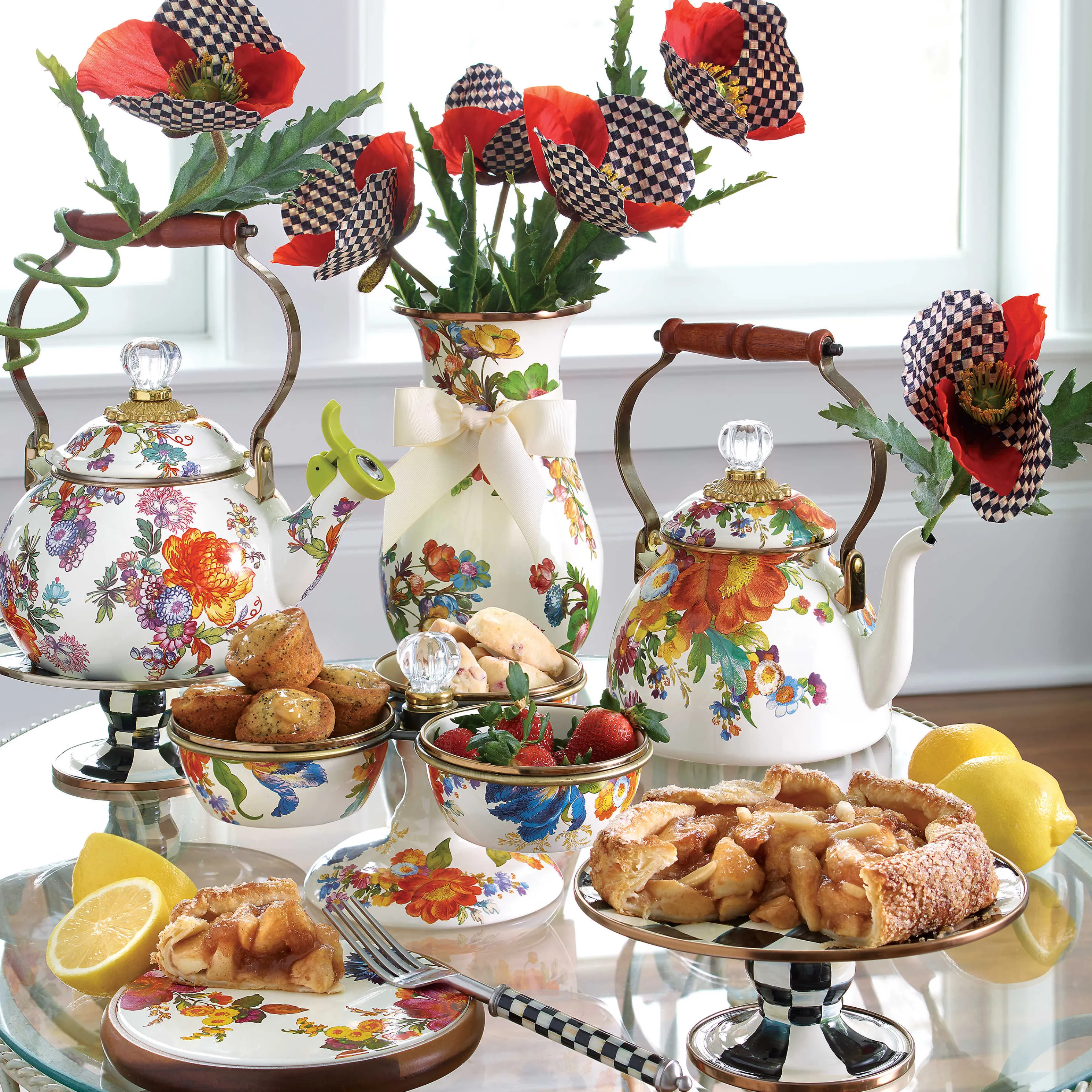 Flower Market 2 Quart Tea Kettle - White