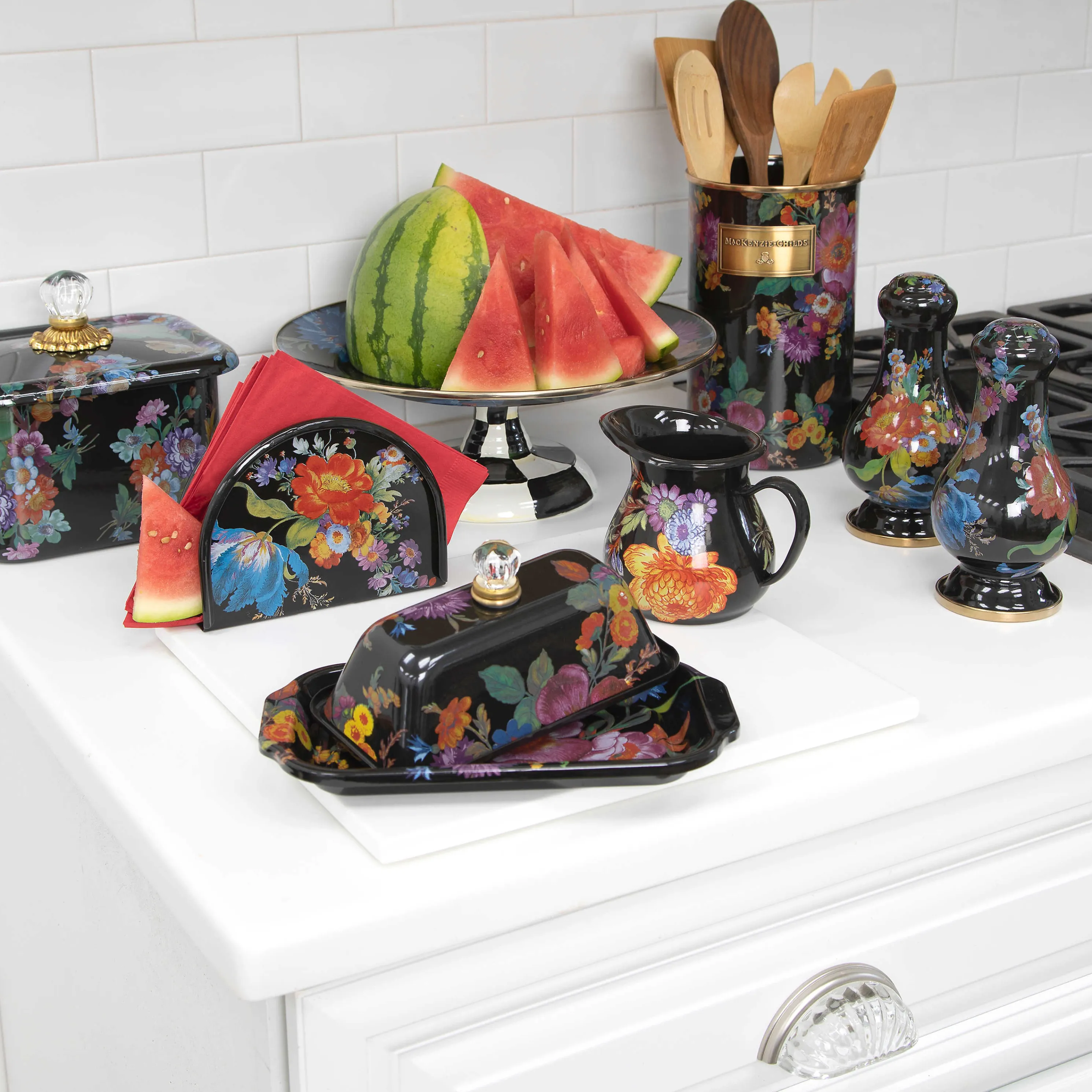 Flower Market Small Pedestal Platter - Black