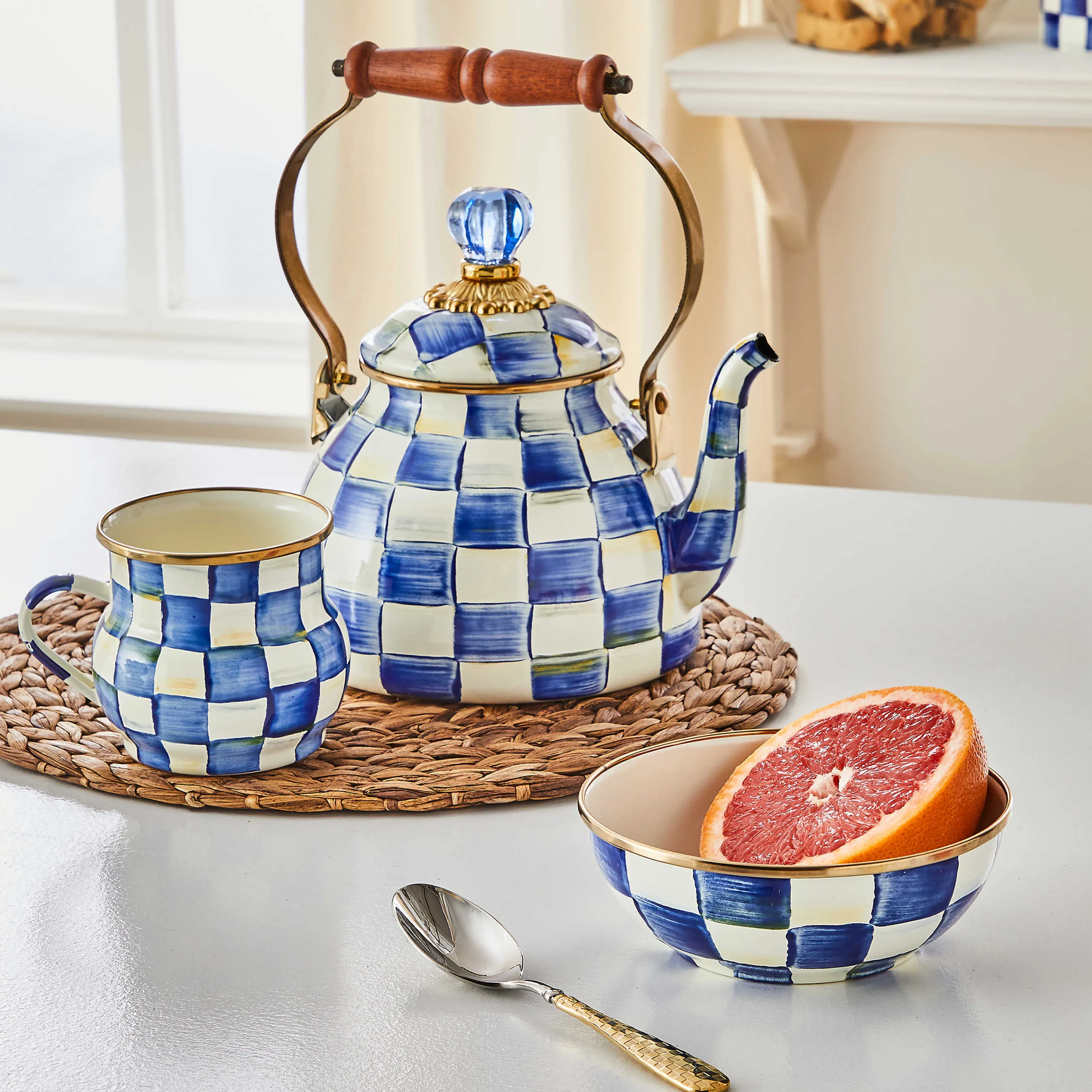 Royal Check Enamel Tea Kettle - 2 Quart