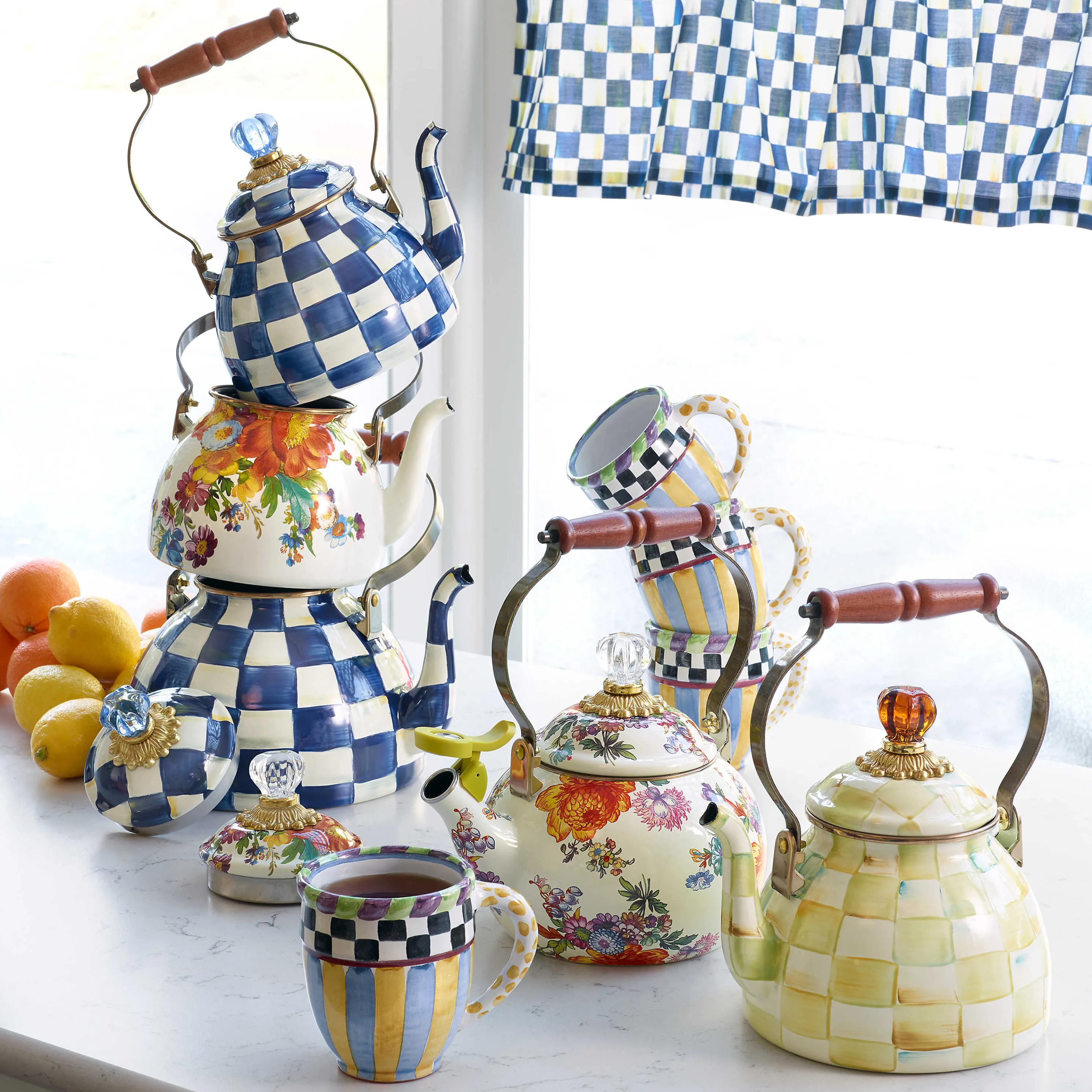 Royal Check Enamel Tea Kettle - 2 Quart