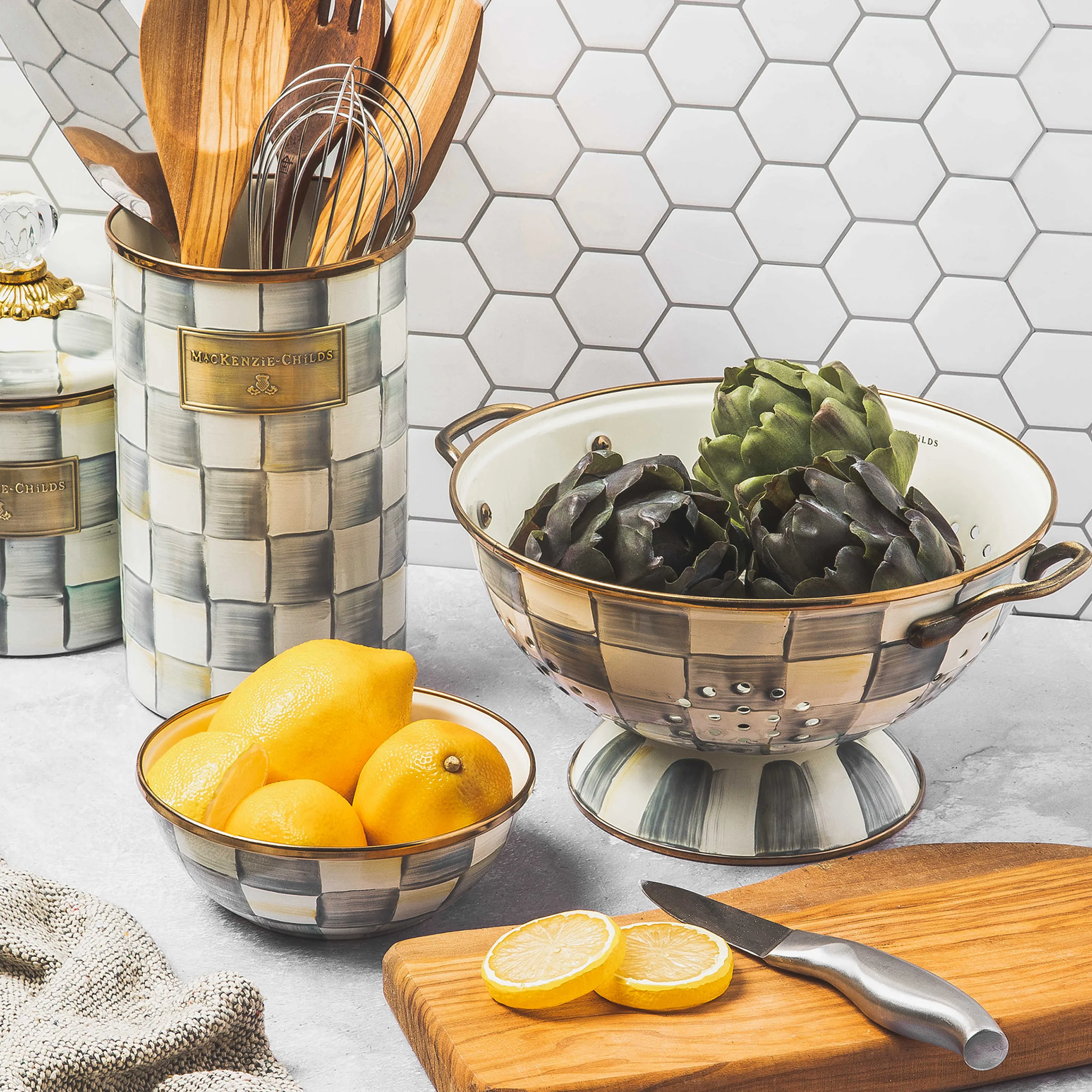 Sterling Check Enamel Colander - Large