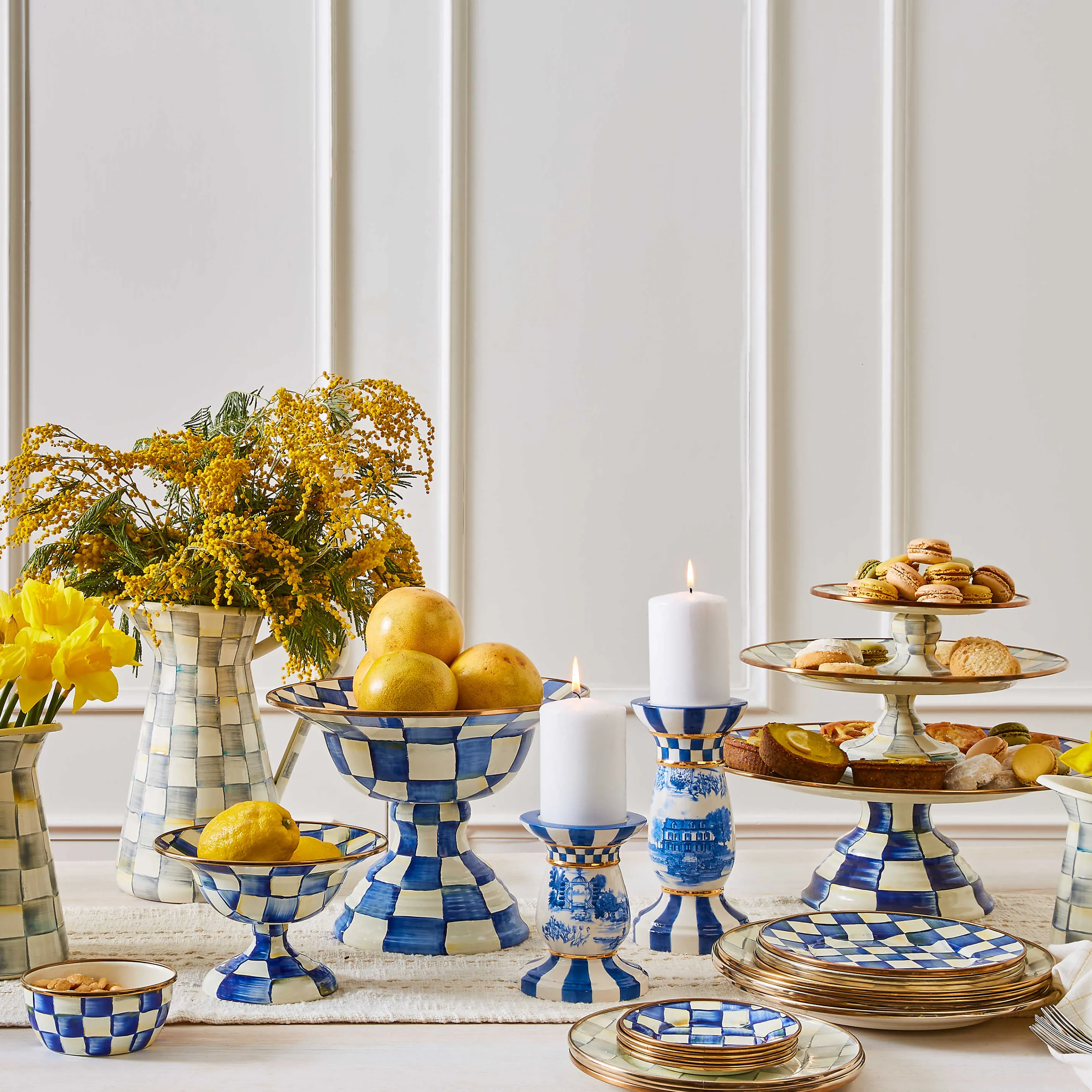 Sterling Check Enamel Pedestal Platter - Small