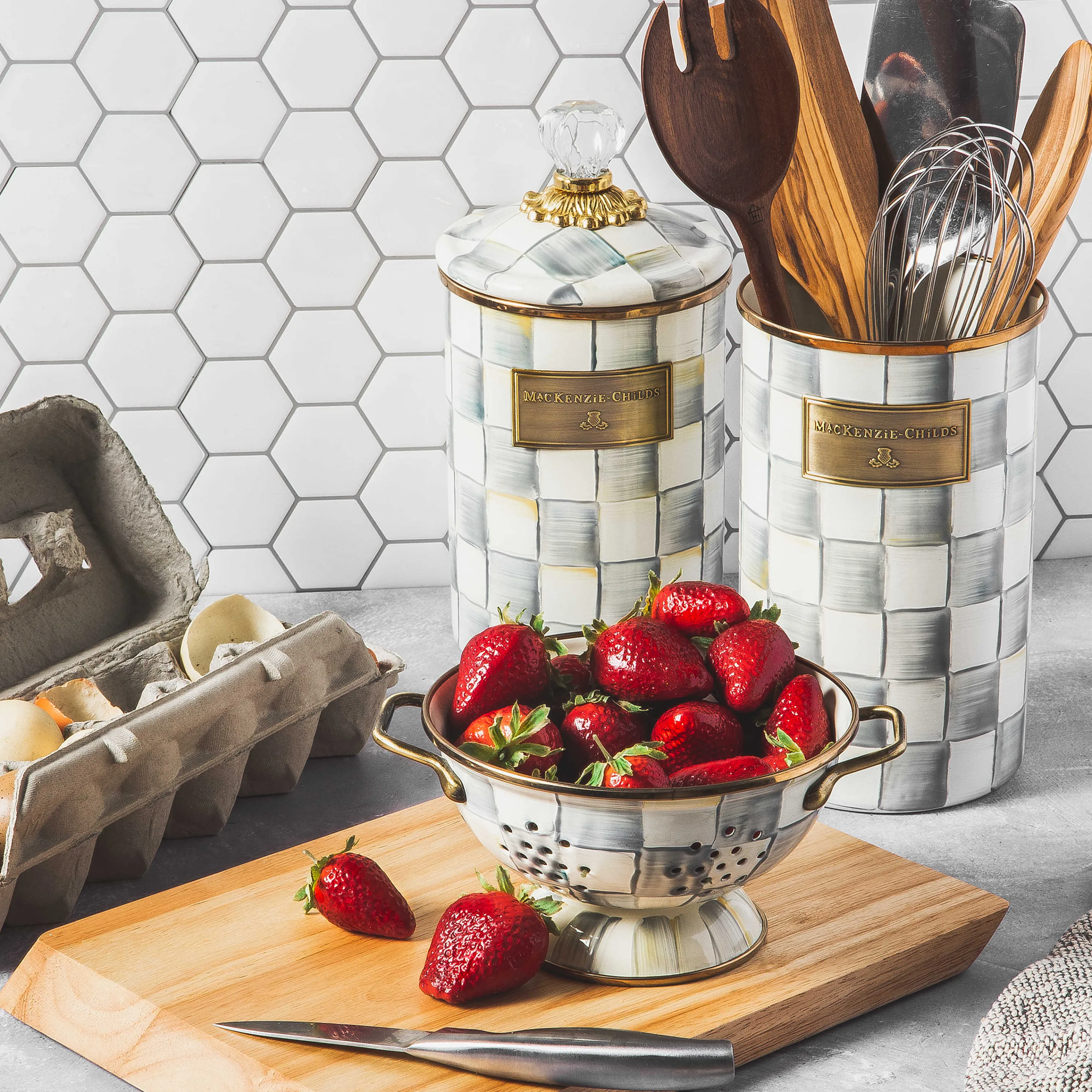 Sterling Check Enamel Canister - Large