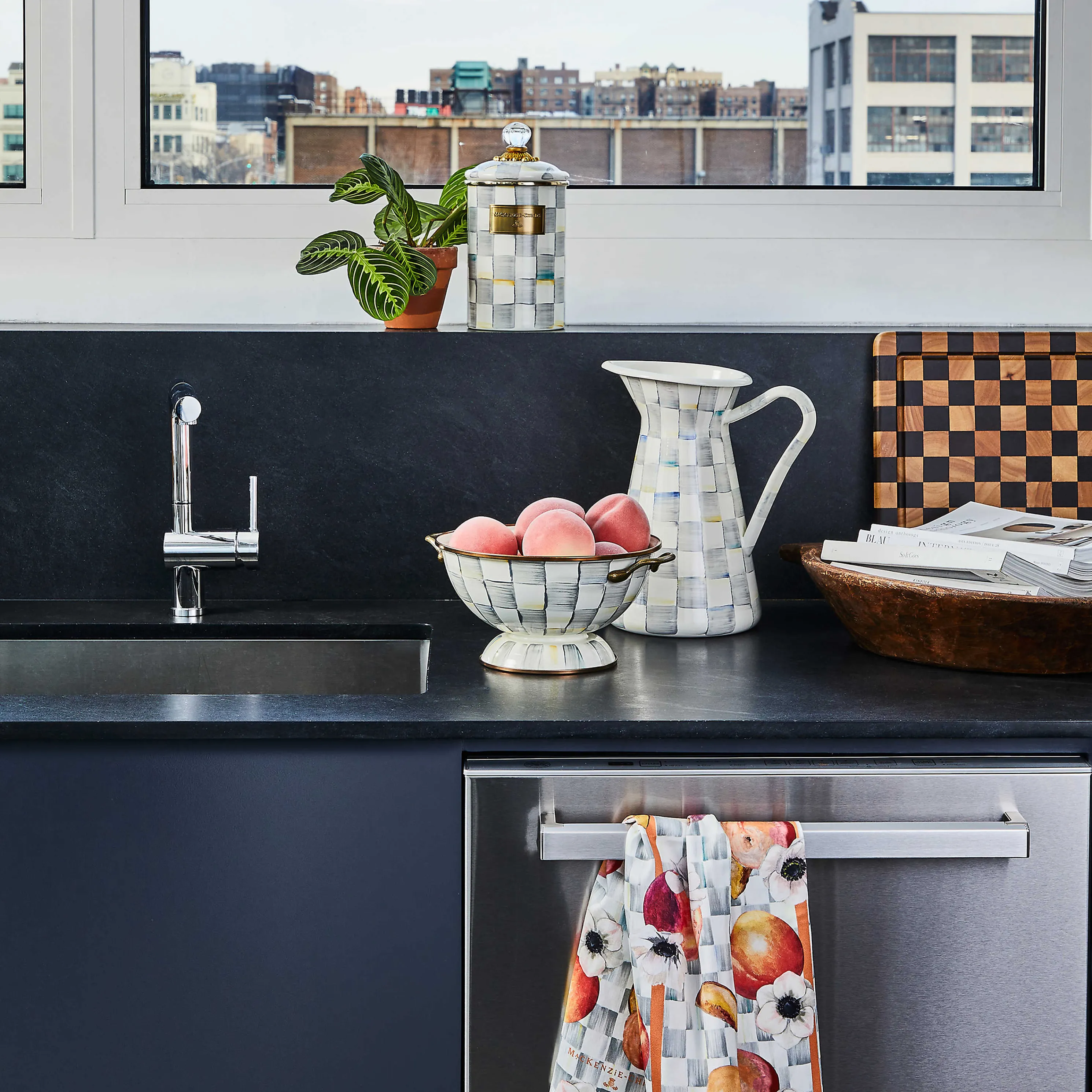 Sterling Check Enamel Canister - Large